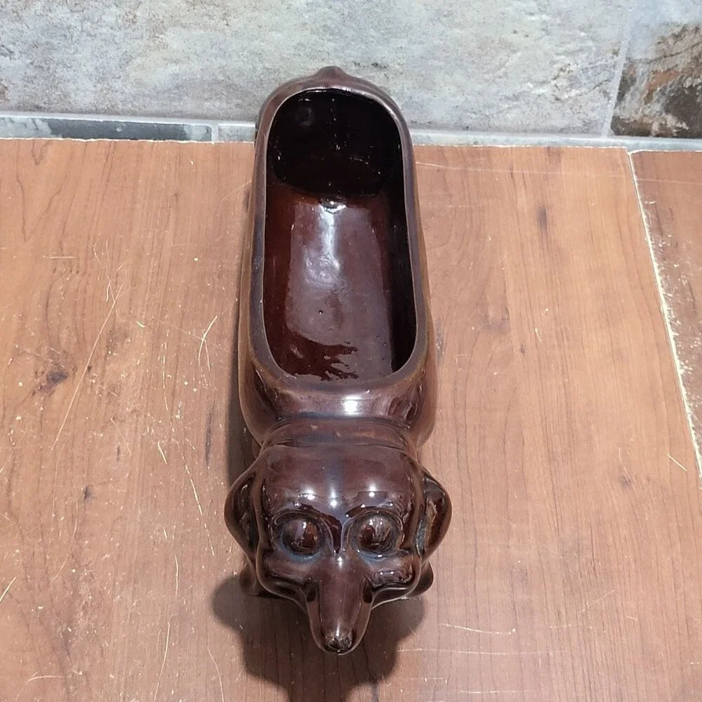 Vintage Dachshund Dog Ceramic Cracker Tray Planter Brown Glazed